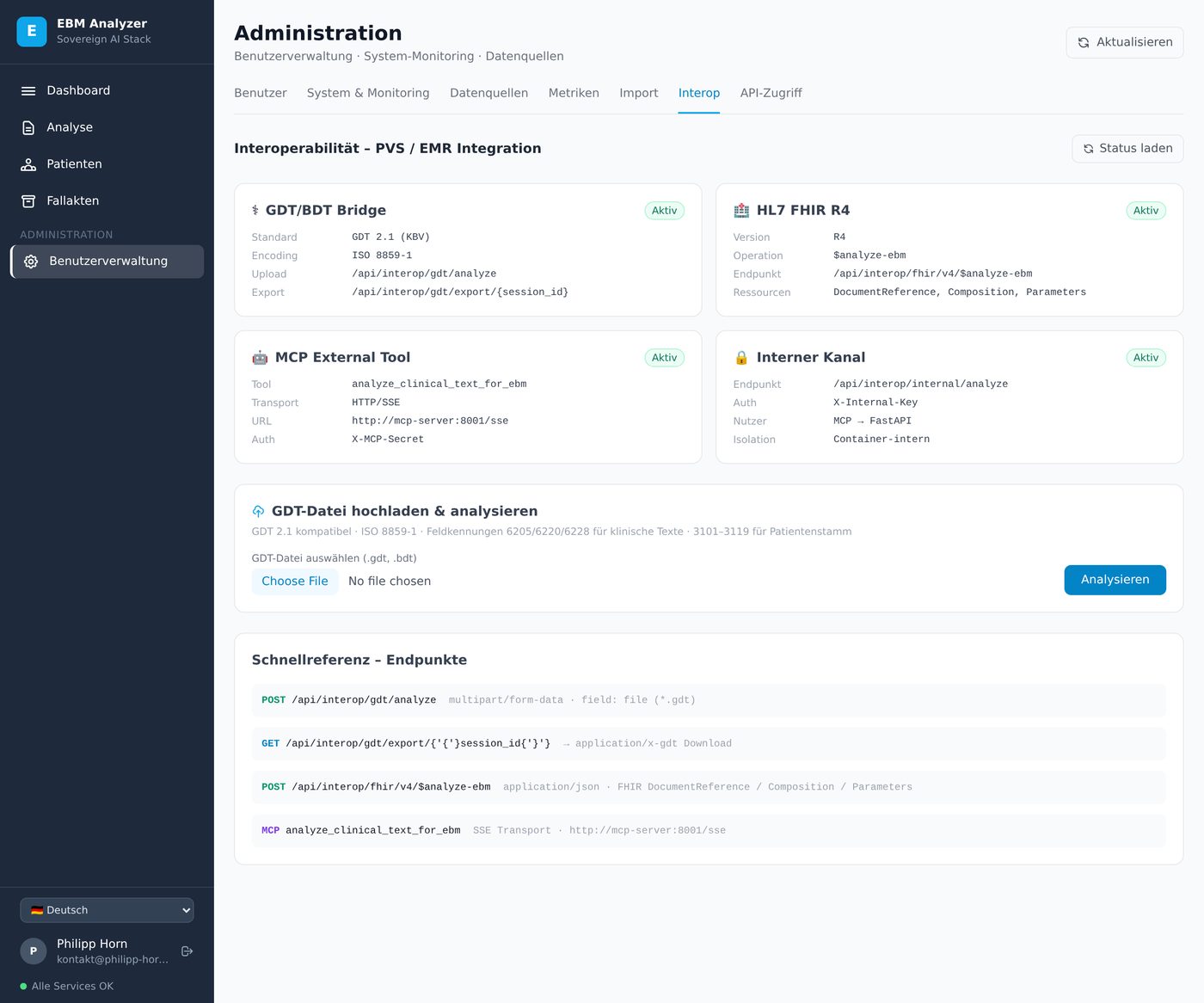 Admin-Bereich mit Status der Interoperabilitäts-Schnittstellen GDT, FHIR R4 und MCP